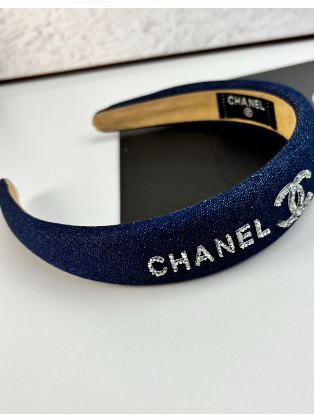 Double C Designer Denim Rhinestone Embellished Headband